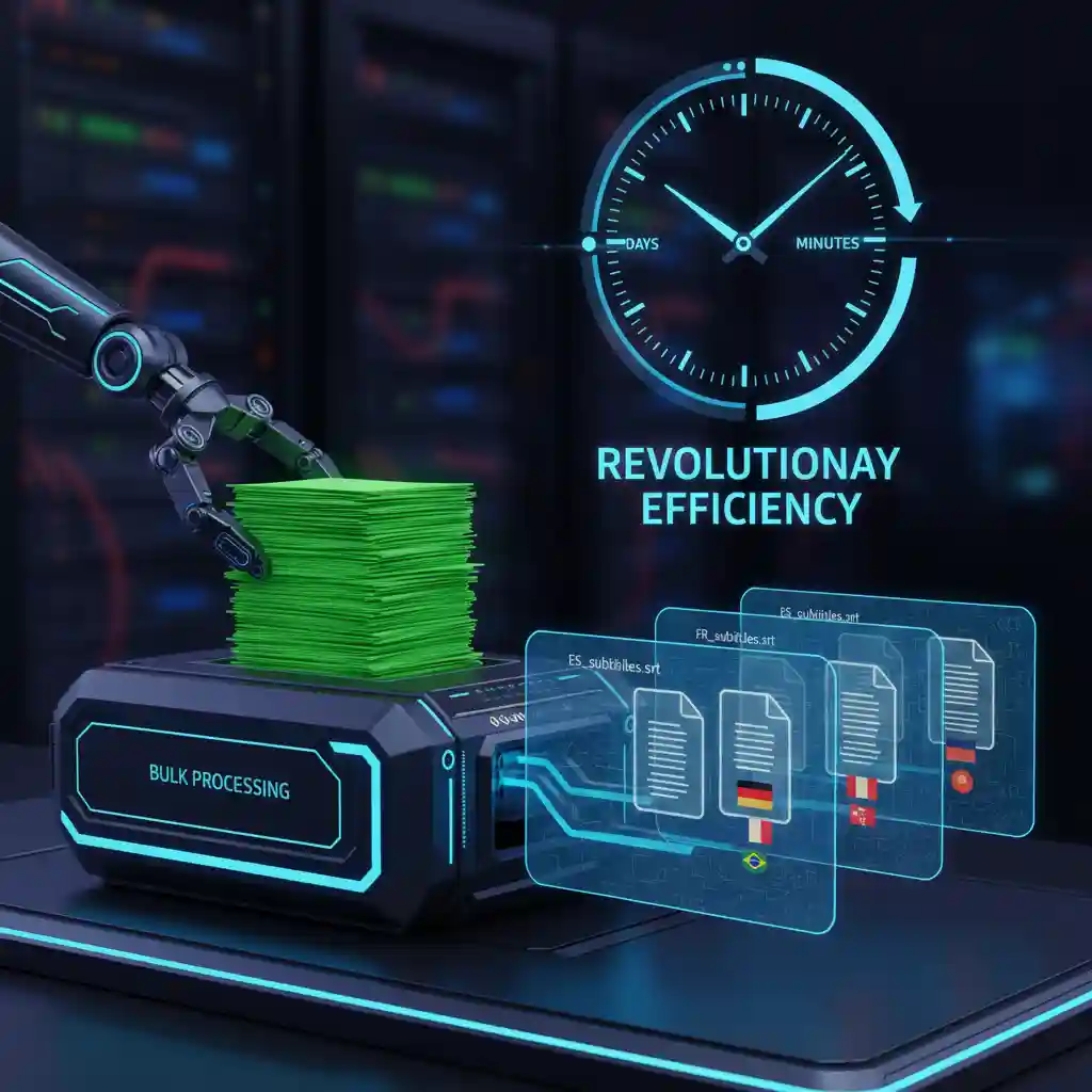 Graphic demonstrating bulk translation efficiency: an automatic subtitle translator reduces multi-video localization from days to minutes, translating multiple SRT files into several languages simultaneously with reliable accuracy and consistent formatting.