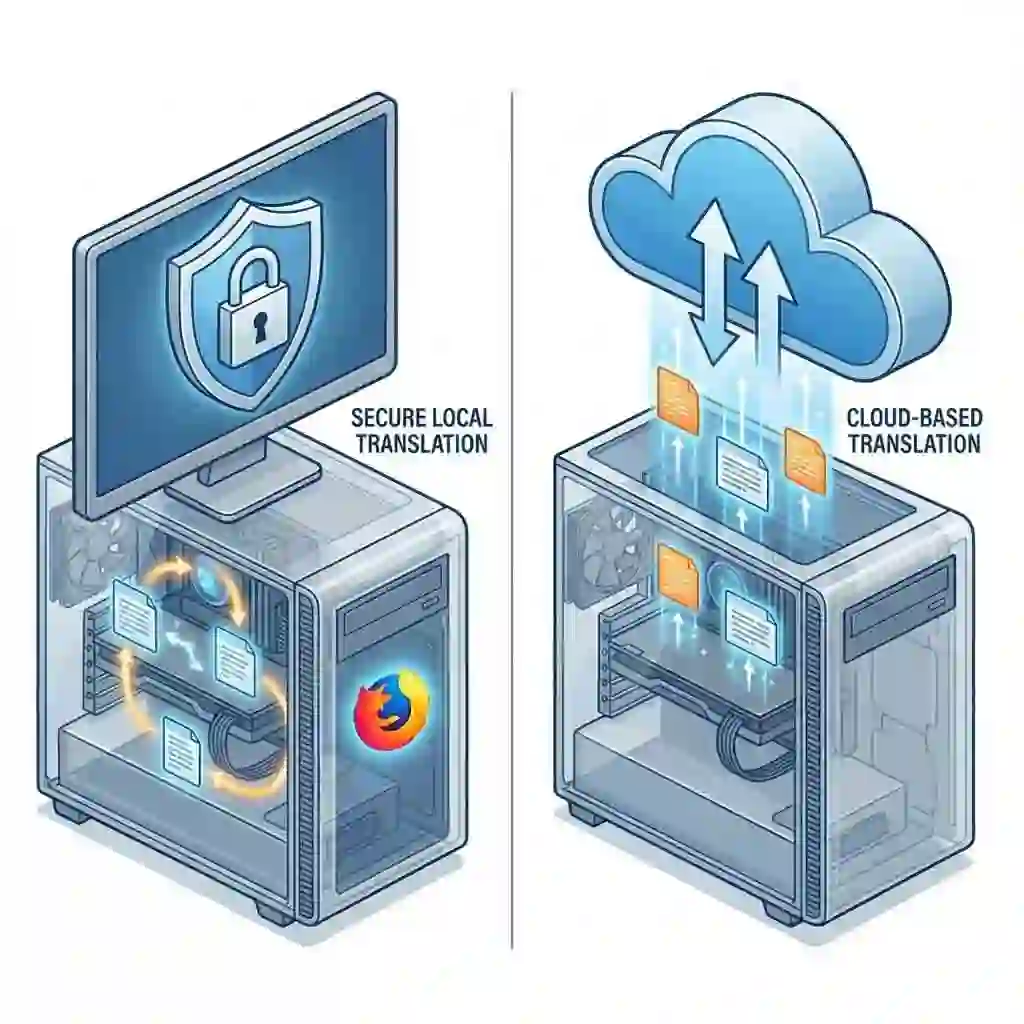 Illustration comparing local versus cloud translation privacy models, emphasizing Firefox's unique approach to translate page in mozilla directly on the device to ensure user data remains secure and private